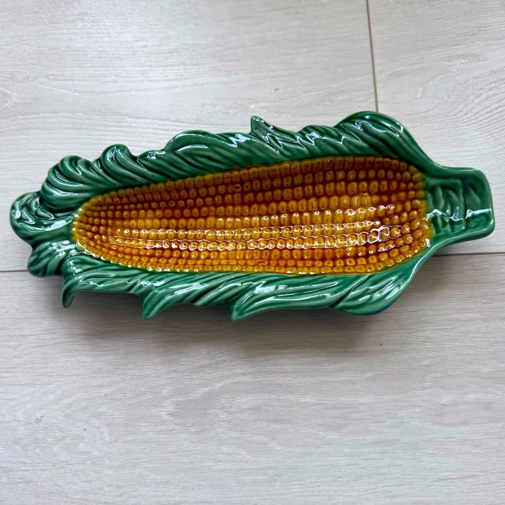 Vintage Retro Ceramic Corn On The Cob Server Plate Green and Yellow
